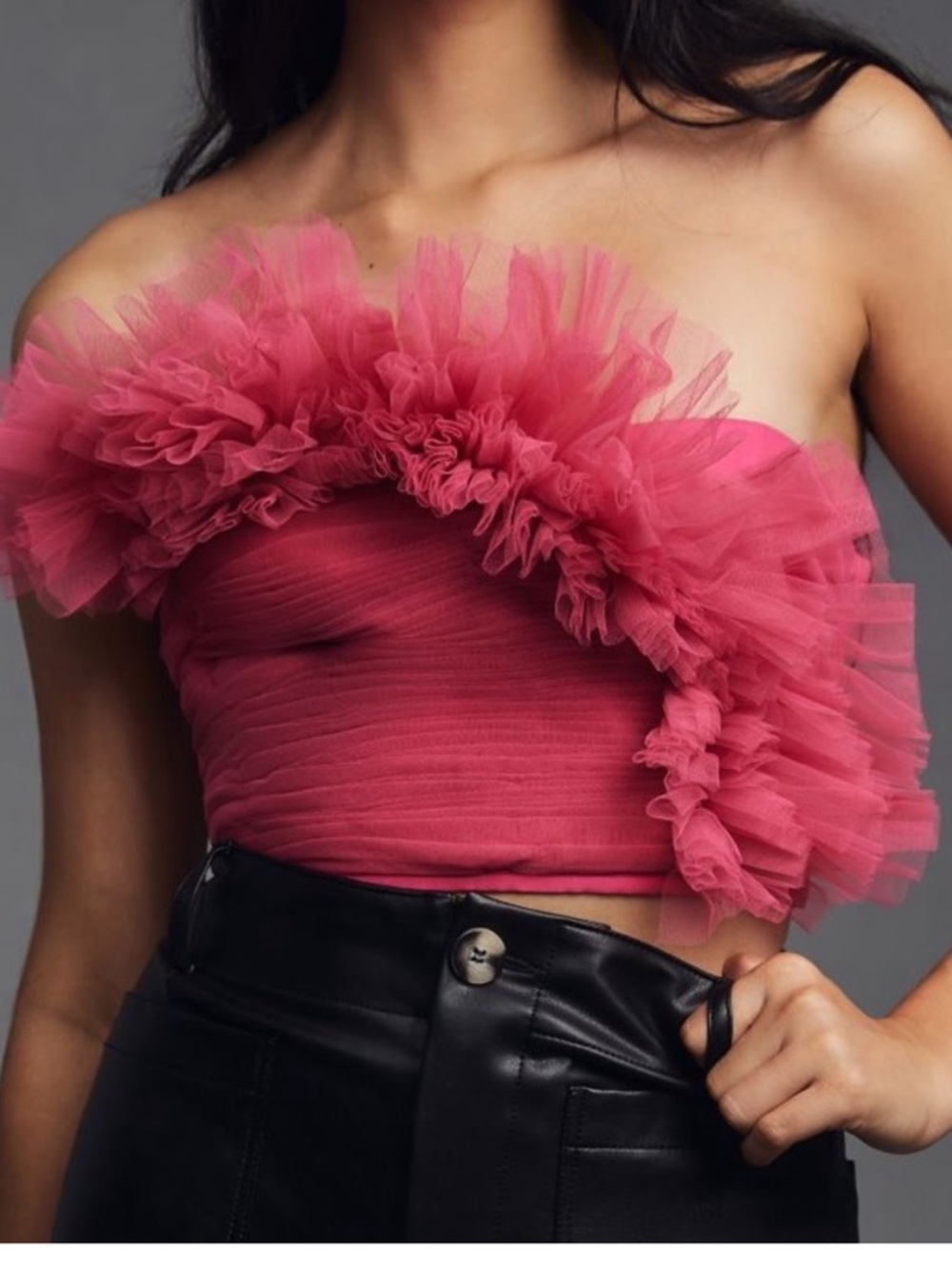 Anthropologie Rose-Pink Strapless Tulle Ruffle Crop Top